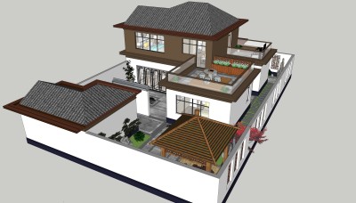 新中式建筑庭院景观室内