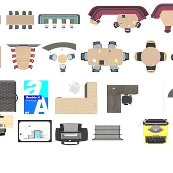 【免扣素材】常用办公空间桌椅彩平PSD图块