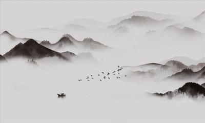 【高清贴图】中式禅意山水背景墙装饰画，壁纸壁布背景画屏风画