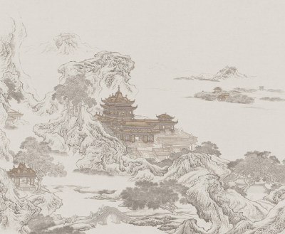 【高清贴图】新中式山水背景装饰画，壁布壁画