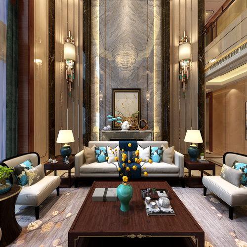 新中式别墅客厅全景图3D模型