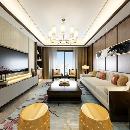 新中式客厅全景3D模型