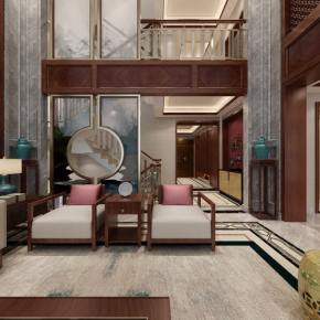 新中式别墅客厅全景3D模型