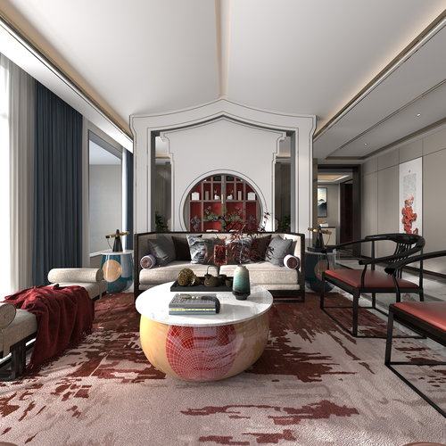 新中式客厅茶室门厅全景3D模型