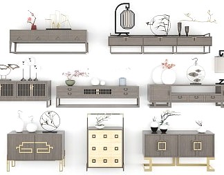 新中式电视柜3D模型下载