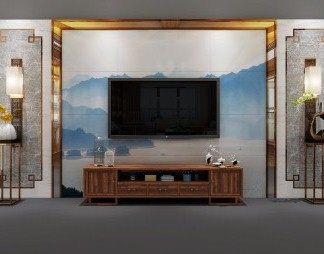新中式电视背景墙3D模型下载