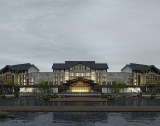 新中式酒店建筑3D模型下载