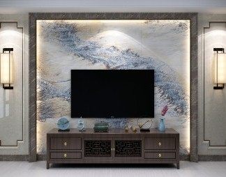 新中式电视背景墙3D模型下载