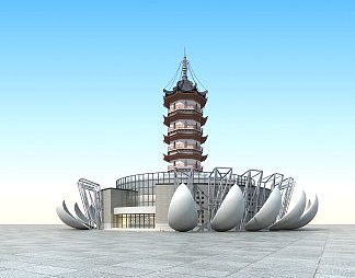 新中式博物馆建筑3D模型下载