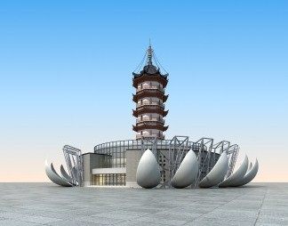新中式博物馆建筑3D模型下载