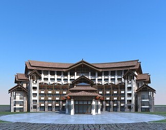 新中式酒店建筑3D模型下载