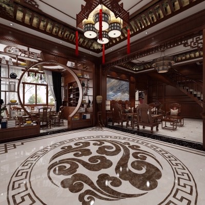 中式复式客厅餐厅全景3d模型