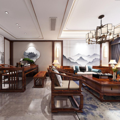 中式客厅茶室餐厅全景3d模型