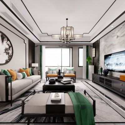 新中式客厅餐厅全景3d模型