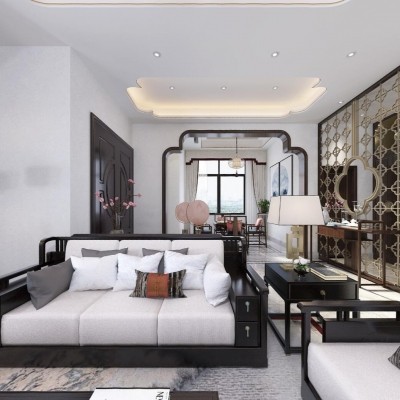 新中式别墅客厅餐厅棋牌室玄关全景3d模型