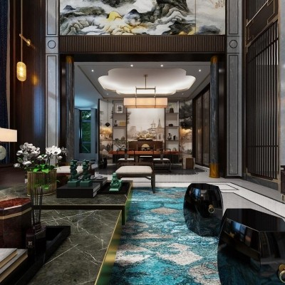 新中式别墅客厅茶室VR全景3D模型