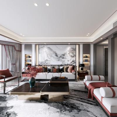 新中式轻奢客厅茶室cr全景3d模型