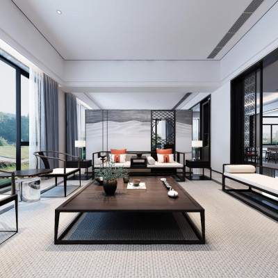 新中式客厅餐厅茶室全景3d模型