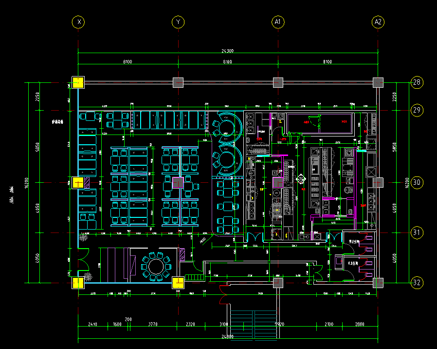 现代餐饮空间施工图，餐厅CAD建筑图施工图设计图下载