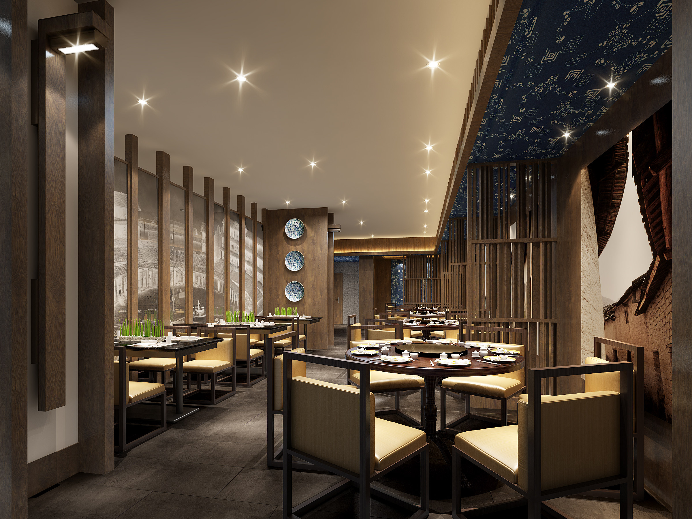 新中式餐厅施工图，餐厅CAD设计图纸下载
