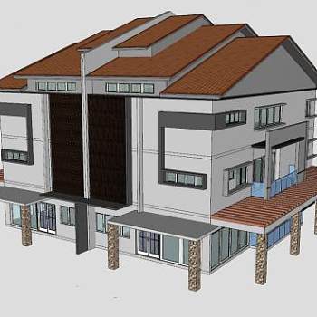 半独立式洋房建筑住宅SU模型下载_sketchup草图大师SKP模型