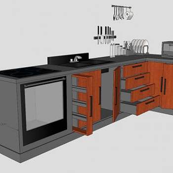 转角厨房橱柜厨具SU模型下载_sketchup草图大师SKP模型