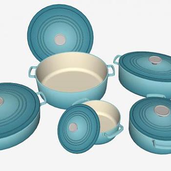 蓝色锅套装SU模型下载_sketchup草图大师SKP模型