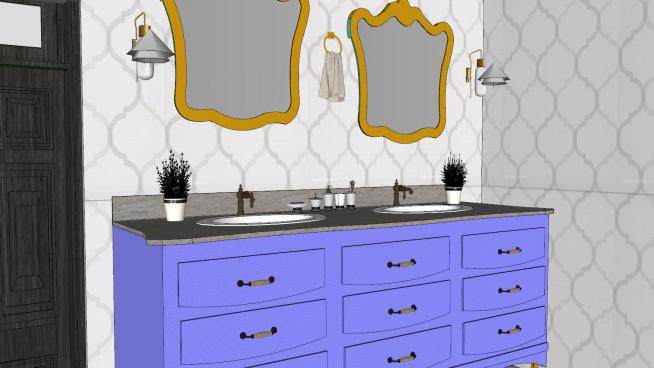 现代双洗手池带镜子的浴室柜SU模型下载_sketchup草图大师SKP模型