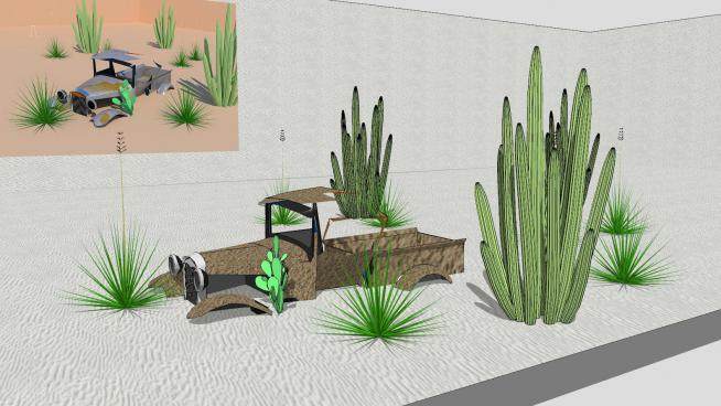 沙漠中的植物和皮卡SU模型下载_sketchup草图大师SKP模型