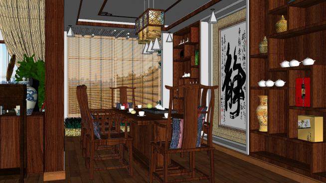 中式古典室内餐厅SU模型下载_sketchup草图大师SKP模型