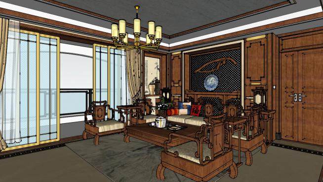 新中式古典客餐厅设计SU模型下载_sketchup草图大师SKP模型