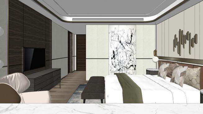 现代新中式酒店客房SU模型下载_sketchup草图大师SKP模型