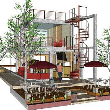 现代民宿咖啡店SU模型下载_sketchup草图大师SKP模型