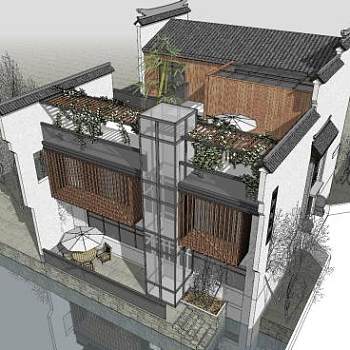 民宿茶楼建筑SU模型下载_sketchup草图大师SKP模型