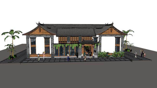 中式餐厅外观建筑SU模型下载_sketchup草图大师SKP模型