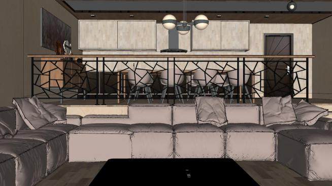 别墅客餐厅室内设计SU模型下载_sketchup草图大师SKP模型