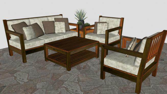 木质沙发组合SU模型下载_sketchup草图大师SKP模型