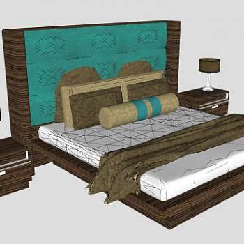 木质双人床床铺家具SU模型下载_sketchup草图大师SKP模型