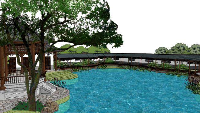中式池湖景观设计su模型下载_sketchup草图大师SKP模型