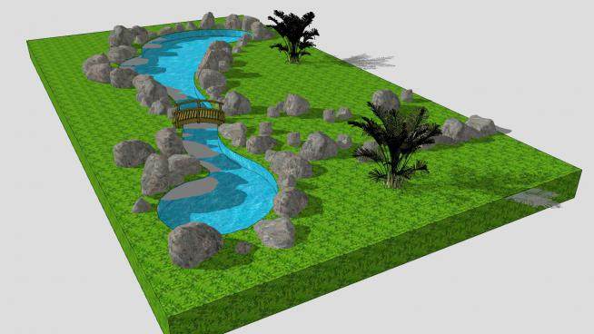 有岩石和桥的小溪公园SU模型下载_sketchup草图大师SKP模型