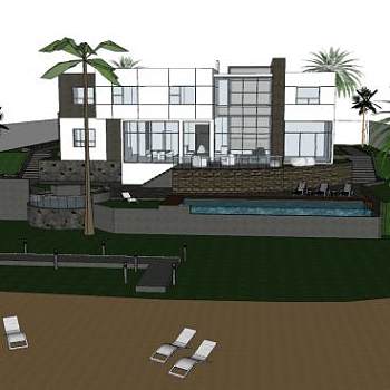 带海滩和花园的现代别墅SU模型下载_sketchup草图大师SKP模型