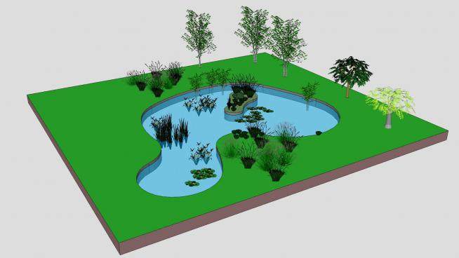天然池塘景观SU模型下载_sketchup草图大师SKP模型