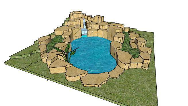 池塘和瀑布SU模型下载_sketchup草图大师SKP模型