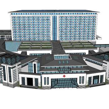 现代中式医院综合楼SU模型下载_sketchup草图大师SKP模型