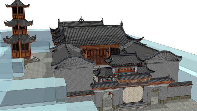 中式寺院建筑SU模型下载_sketchup草图大师SKP模型