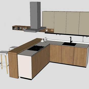 L型厨房橱柜吧台SU模型下载_sketchup草图大师SKP模型