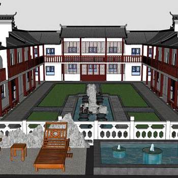 徽派四合院建筑su模型下载_sketchup草图大师SKP模型