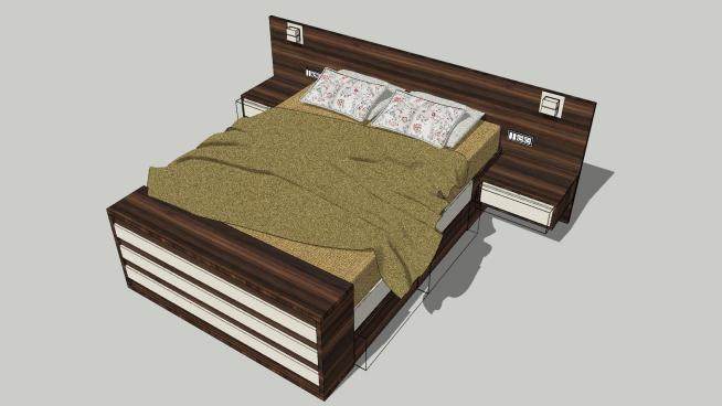 现代木制双人床床铺SU模型下载_sketchup草图大师SKP模型