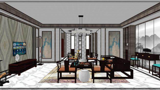 新中式别墅客餐厅设计SU模型下载_sketchup草图大师SKP模型