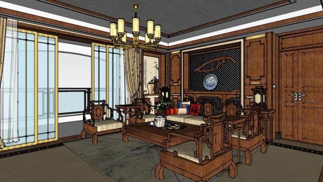 中式古典客餐厅室内SU模型下载_sketchup草图大师SKP模型